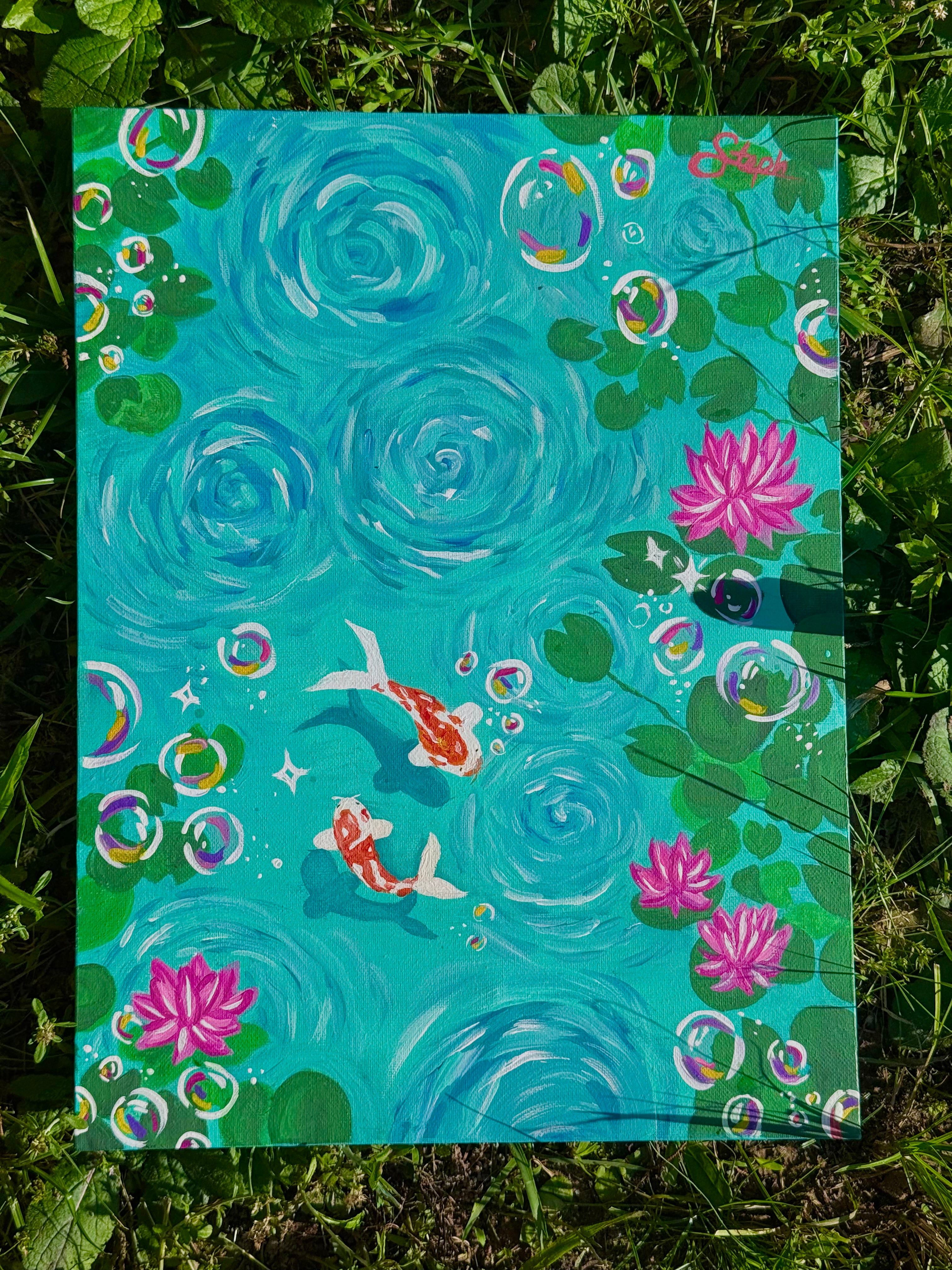 Koi bubble fish, canvas painting 22x26in